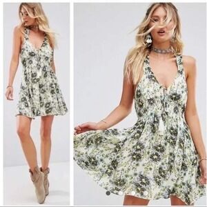 Free People Washed Ashore Floral Racerback Mini Dress Women M Ivory Green Yellow